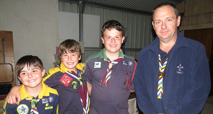 Connor Baker, Reefe Mirisch, Jayden Watling with Bulahdelah Scout Leader Colin Griffiths.  