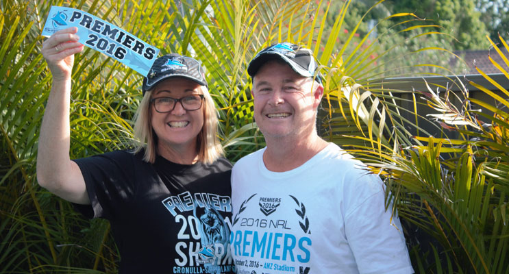 Dedicated Sharks fans, Anna Bay couple Debra and Matthew Stacey came home from Saudi Arabia in time to make the trek to ANZ Stadium to see their team win the Grand FInal. Photo by Debra Stacey 