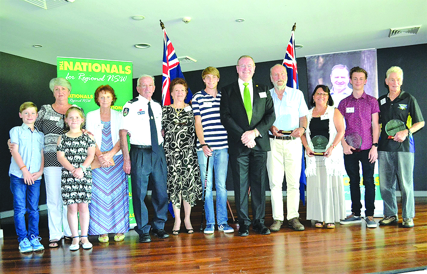 MYALL LAKES COMMUNITY AWARDS: Stephen Bromhead, special guests James Turner and emeritus mayor Jan McWilliams with all the award winners.