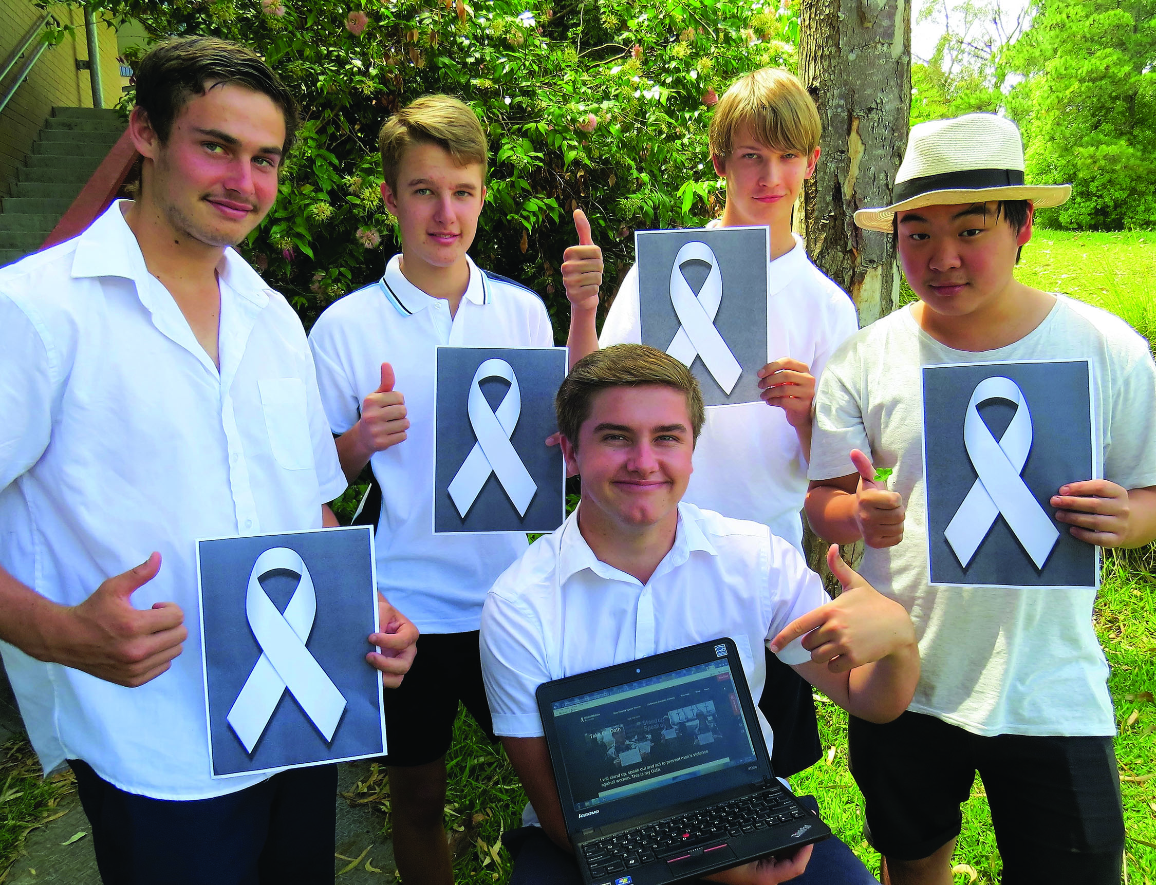WHITE RIBBOn: Matthew Barry, Luke Rochester, Darcy Harris and Timothy To with Bailey Shultz taking the online oath.