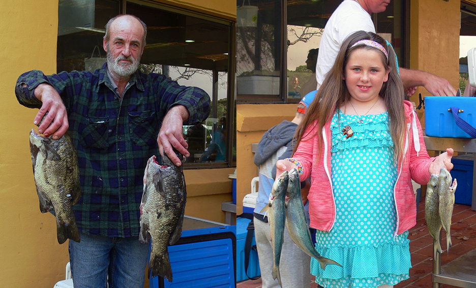 1: Robert Bartlett displaying two huge drummer. 2: Poppy Rapley showing off her great catch of bream and tailor.