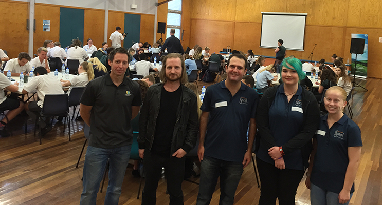 : Ryan Mouthaan from Port Stephens Council, Guest speaker Nic Newling, and Youth Advisory panel representatives Adrian Solomons, Mahaylia Soars and Renae Andrews in the packed forum