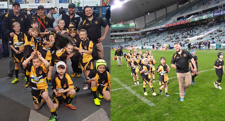 The U8s team, excited to play in Allianz Stadium. (left) Medowie’s own mini Marauders walking off the field. (right)