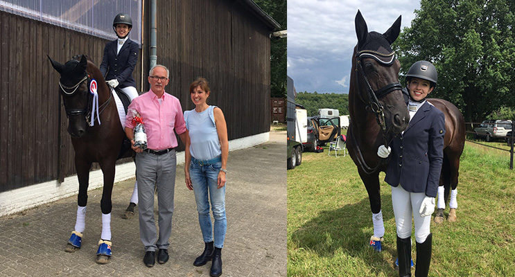 Serena Ireland with the owner of the horse she is riding, Dauphin’s Dream, with the major sponsor for the event where Serena won most successful rider of two combined levels. (left) Serena Ireland preparing for a competition.(right)