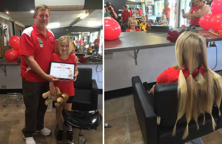 Kevin Leahy presents Hannah Ryder with a certificate of thanks for her wonderful donation.(left) A last look at her long locks in the mirror, before the big chop.(right)