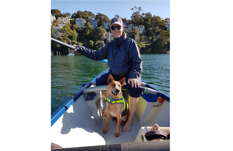 AUSTRALIAN RIVER ROWERS EVENT: Grant Palmer with mascot dog ‘Weary’ .