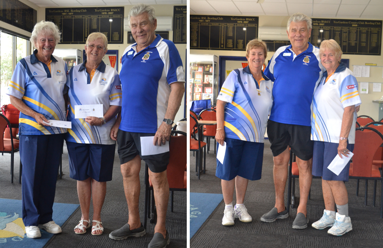 RSL Pairs Trophy Day runners up Bette Saillard and Lynne Green with RSL sub-branch President Michael Farrar.(left) Winners RSL Pairs Trophy Day Robyn Webster and Bev Rhodes with RSL sub-branch President Michael Farrar. (right)