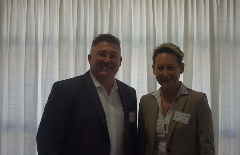 Paul De Szell of Taree Council with Leah Anderson of the Tomaree Business Chamber who are behind the push for the Bay to be managed under a program similar to Taree’s Vibrant Town.