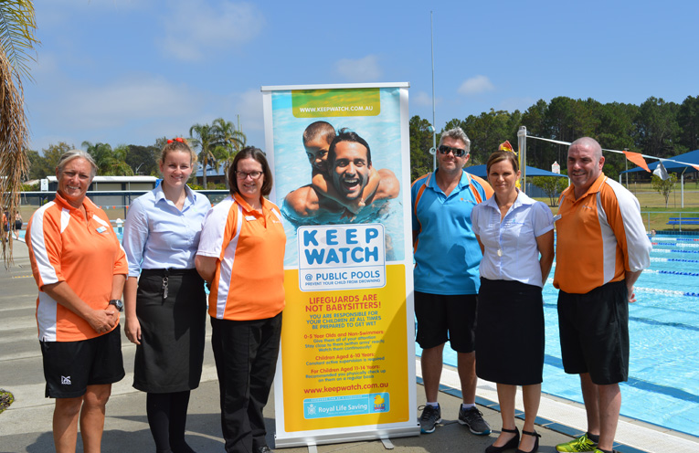 Photo: Launching the new safety program: Vicki Haines (Life Guard), Jess Sanders (Port Stephens Council), Kate Grigor (Kurri Kurri Aquatic and Fitness), Mark Hughes (Tilligerry Aquatic Centre), Tanya Brunckhorst (Royal Life Saving), and Troy Hughes (Lakeside Leisure Centre).