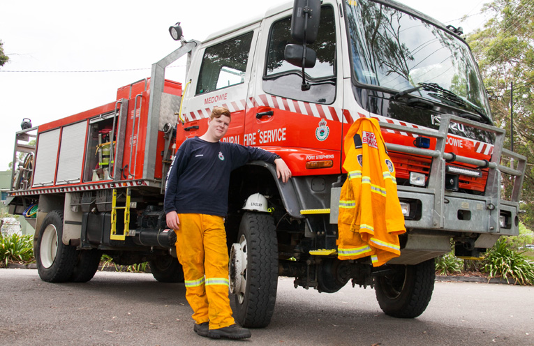 Sixteen year-old Aaron Lindsay is excited to be Medowie’s youngest firefighter. Photo by Gavin Smith