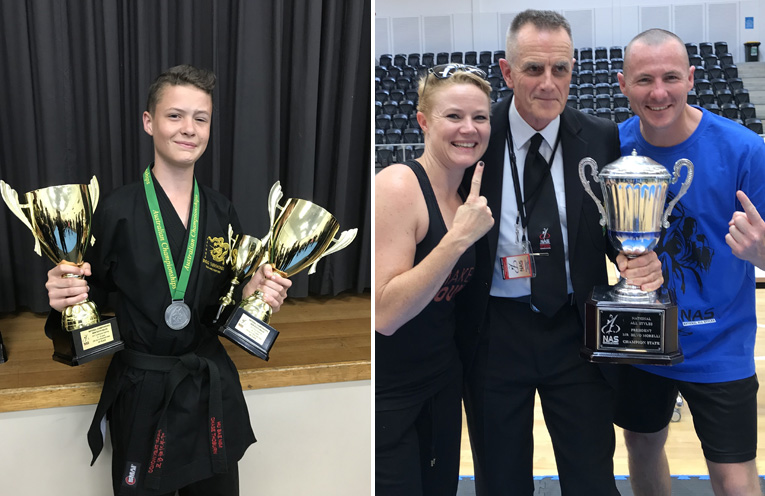 Hu Bae Nim Chase Thoburn who achieved three national titles. (left) NSW Director Shihan Gary Palmer with Kyo Sa Nim Kelly O'Brien and Chung Sa Nim Tony Gillespie, (right)