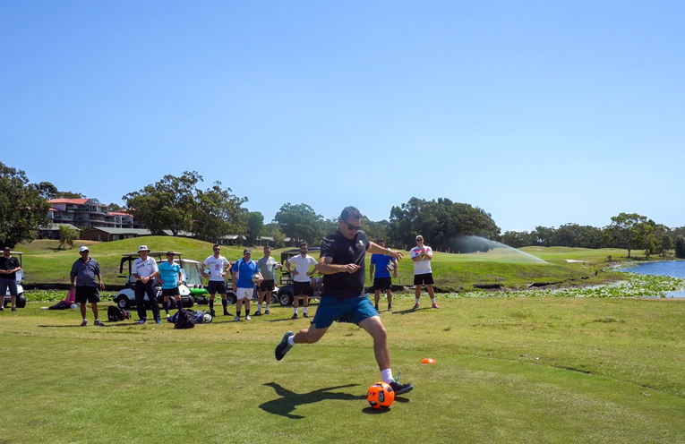 Port Stephens Mayor Ryan Palmer showing his enthusiasm for the launch of FootGolf in Port Stephens.