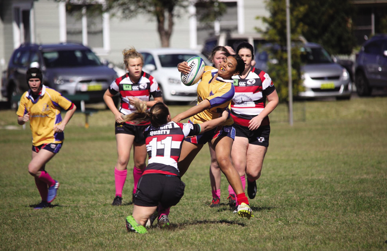 Ngalika Barker from Maitland playing for Hamilton against the Gloucester Cockies, Women’s Rugby 7’s in 2017.