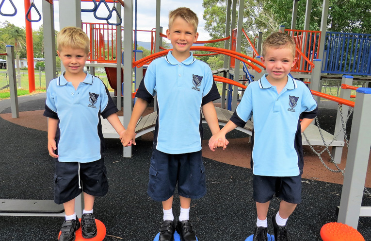 First Day of Kindergarten: Samuel Raines, Josiah Reitsma and Broadie Guthrie at Bulahdelah Central School.