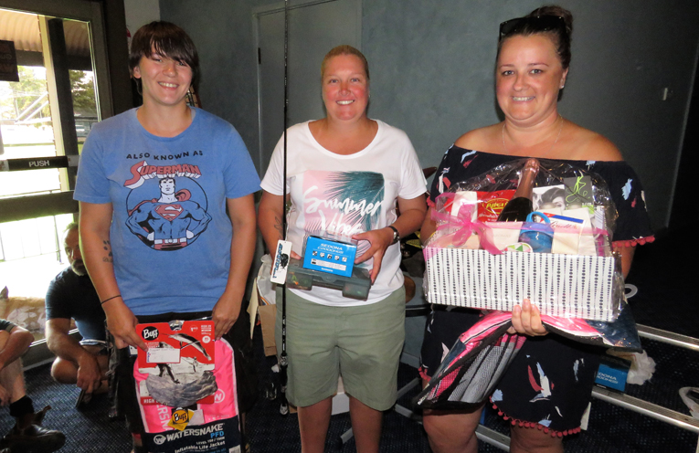 Biggest Bass: Winner of the ladies category Kerin Duncan with runners-up Jackie Lavelle and Sam Cater. 